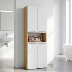 Armadio bagno salvaspazio 60x174 cm con cesto portabiancheria bianco e rovere ABT2
