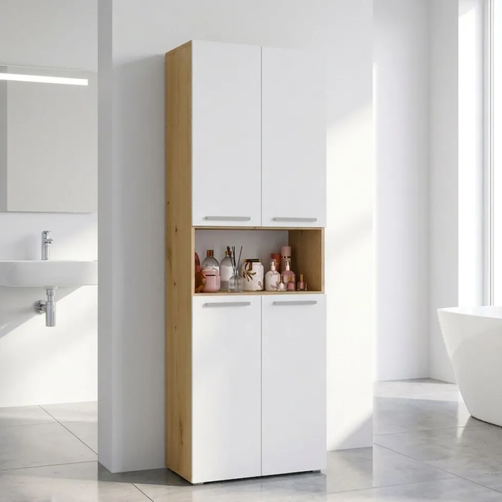 Armadio bagno salvaspazio 60x174 cm con cesto portabiancheria bianco e rovere ABT2