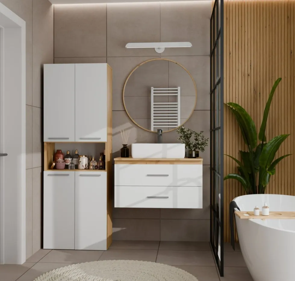 Armadio bagno salvaspazio 60x174 cm con cesto portabiancheria bianco e rovere ABT2