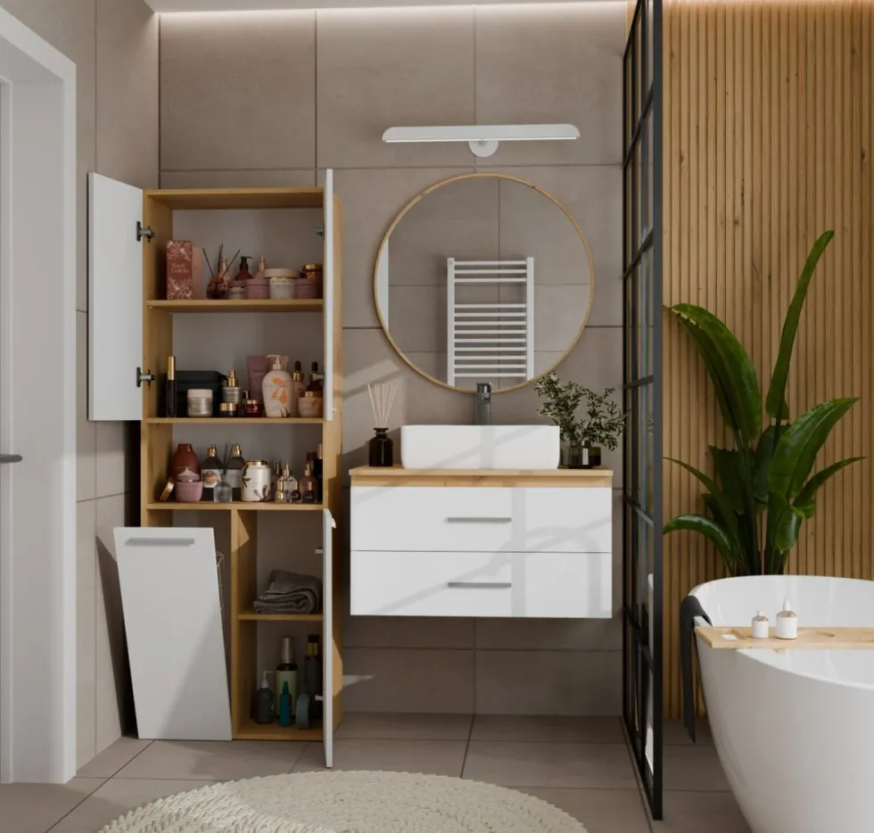 Armadio bagno salvaspazio 60x174 cm con cesto portabiancheria bianco e rovere ABT2