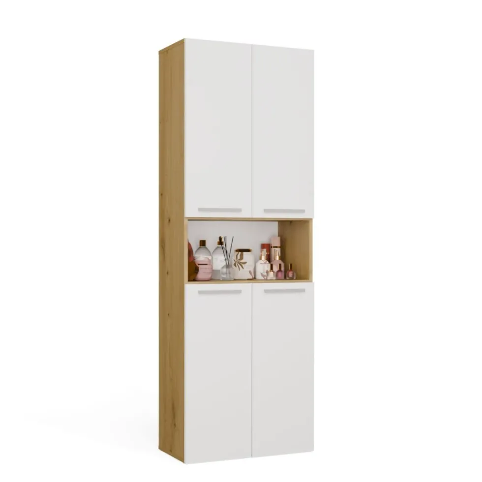 Armadio bagno salvaspazio 60x174 cm con cesto portabiancheria bianco e rovere ABT2