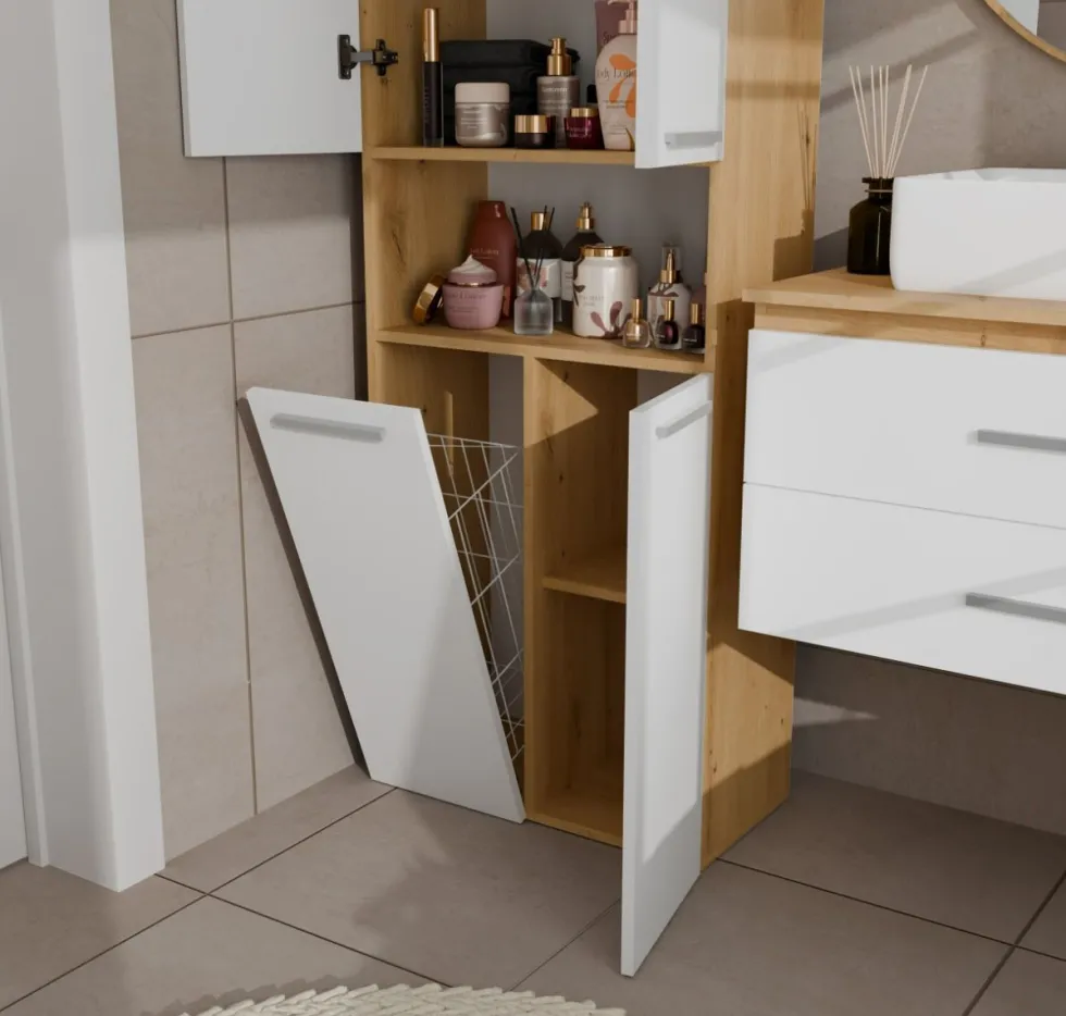 Armadio bagno salvaspazio 60x174 cm con cesto portabiancheria bianco e rovere ABT2