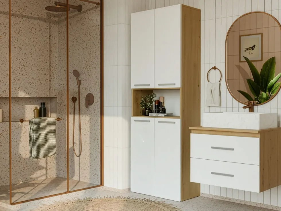 Armadio bagno salvaspazio 60x174 cm con cesto portabiancheria bianco e rovere ABT2