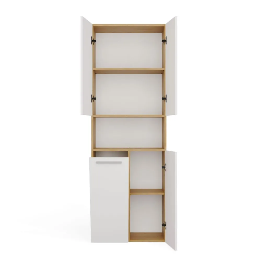 Armadio bagno salvaspazio 60x174 cm con cesto portabiancheria bianco e rovere ABT2