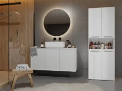 Armadio bagno 60x174 cm con vano aperto e cesti portabiancheria bianco lucido ABT4