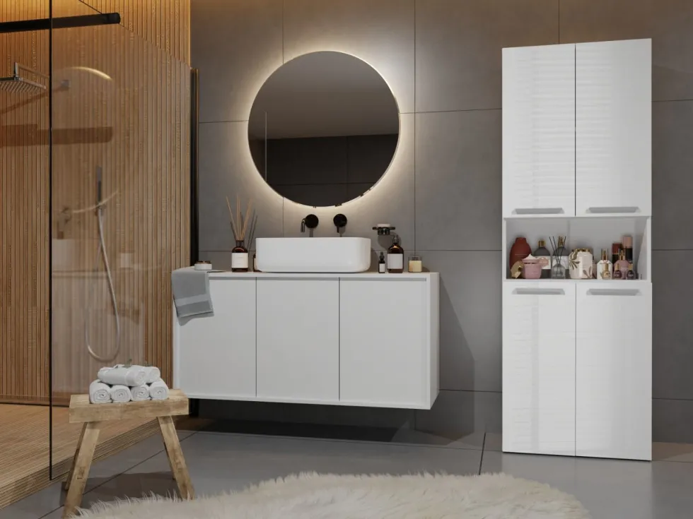 Armadio bagno 60x174 cm con vano aperto e cesti portabiancheria bianco lucido ABT4