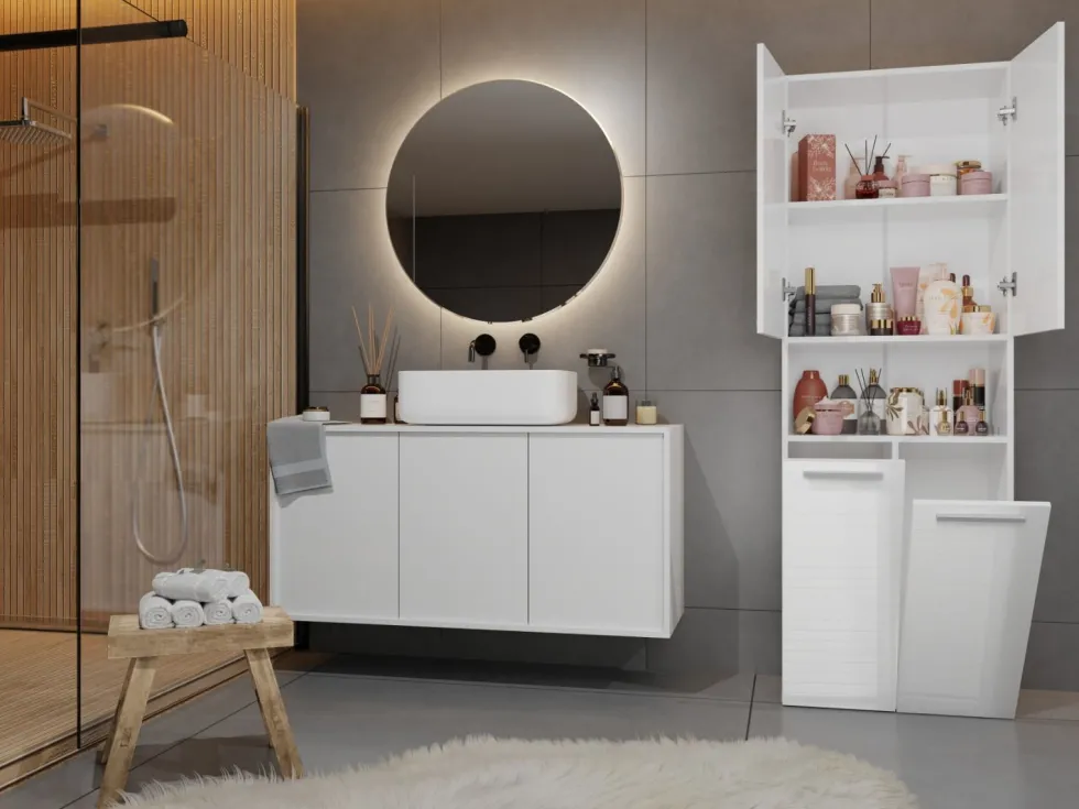 Armadio bagno 60x174 cm con vano aperto e cesti portabiancheria bianco lucido ABT4