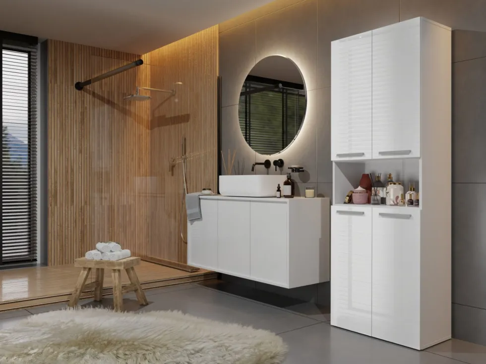 Armadio bagno 60x174 cm con vano aperto e cesti portabiancheria bianco lucido ABT4
