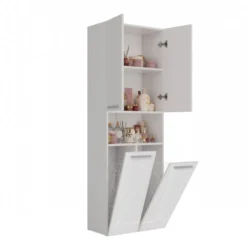 Armadio bagno 60x174 cm con vano aperto e cesti portabiancheria bianco lucido ABT4