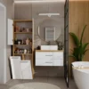 Armadio bagno 60x174 cm con vano aperto e cesti portabiancheria bianco lucido e rovere ABT4