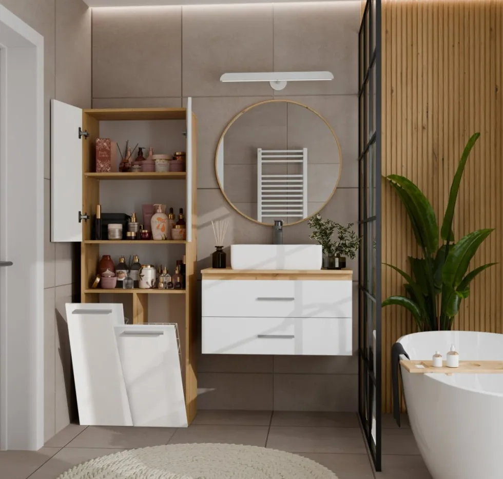 Armadio bagno 60x174 cm con vano aperto e cesti portabiancheria bianco lucido e rovere ABT4