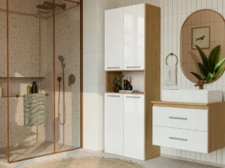 Armadio bagno 60x174 cm con vano aperto e cesti portabiancheria bianco lucido e rovere ABT4