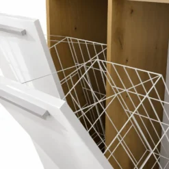 Armadio bagno 60x174 cm con vano aperto e cesti portabiancheria bianco lucido e rovere ABT4