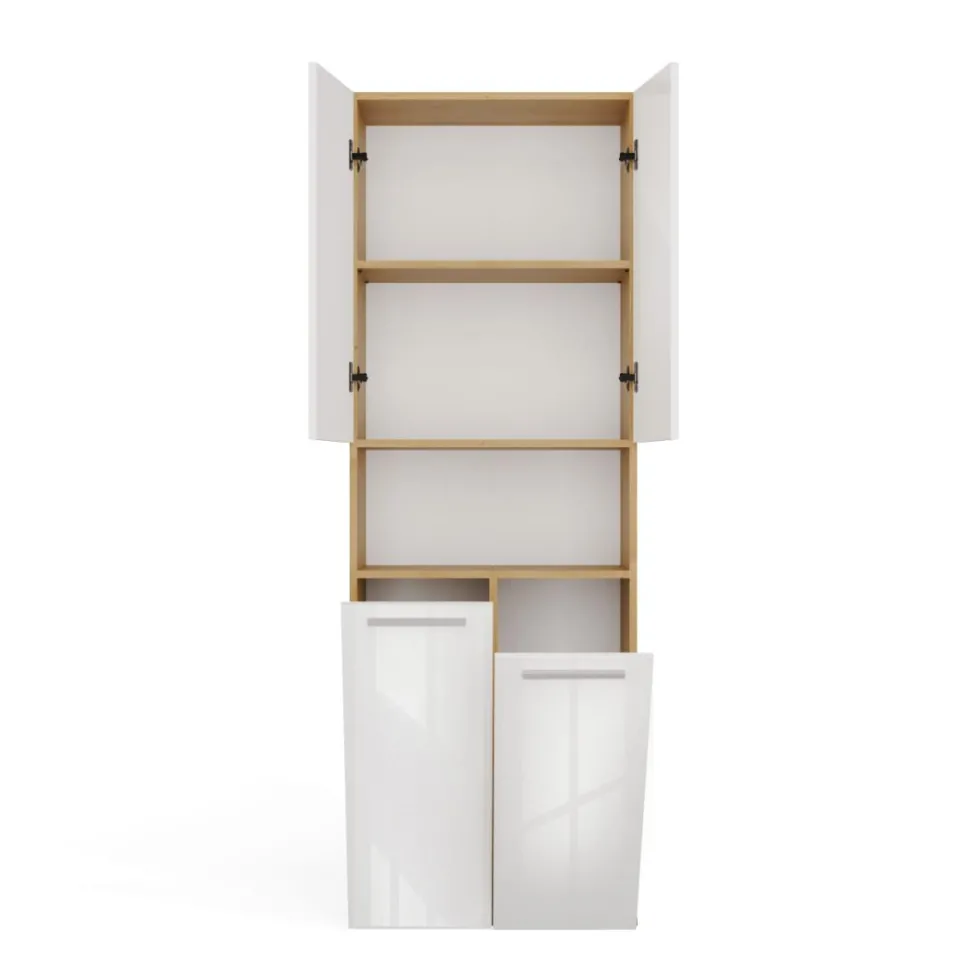 Armadio bagno 60x174 cm con vano aperto e cesti portabiancheria bianco lucido e rovere ABT4