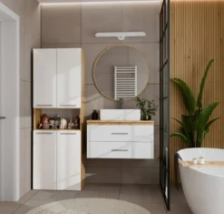 Armadio bagno 60x174 cm con vano aperto e cesti portabiancheria bianco lucido e rovere ABT4