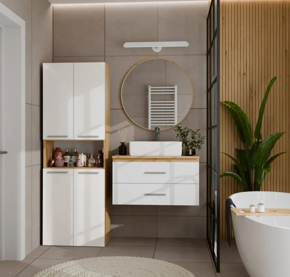 Armadio bagno 60x174 cm con vano aperto e cesti portabiancheria bianco lucido e rovere ABT4