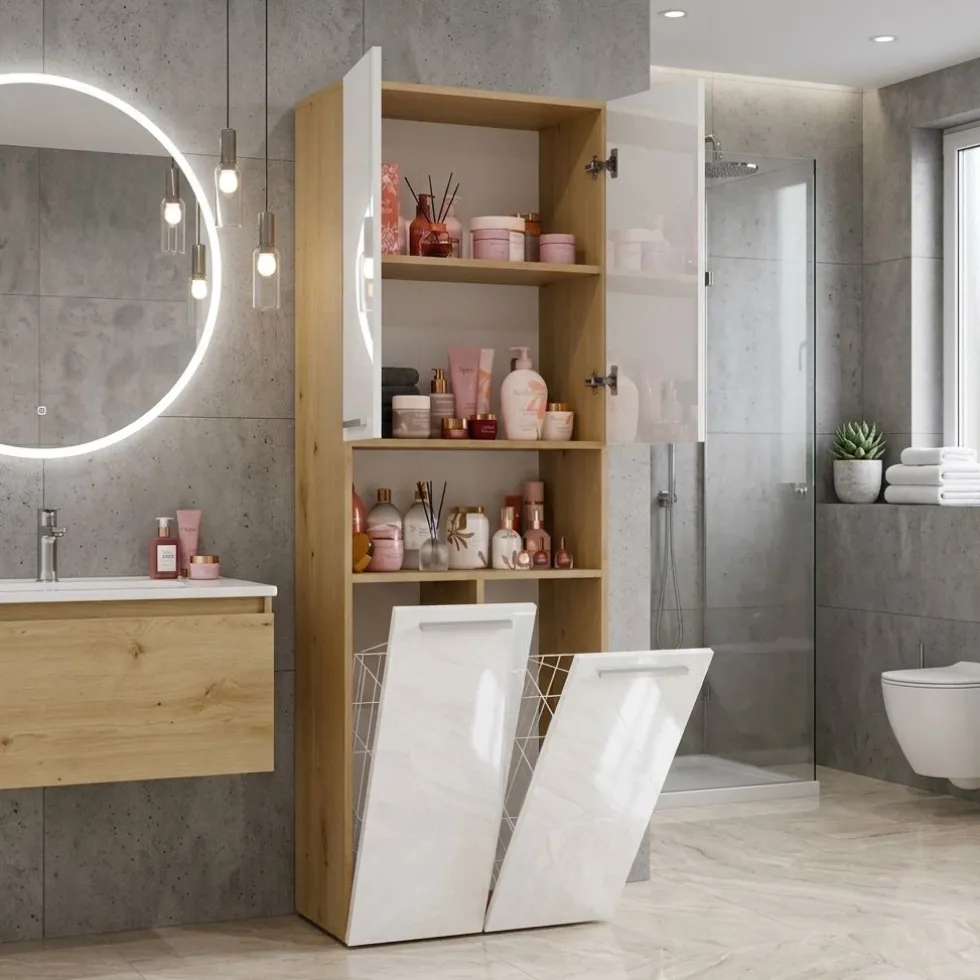 Armadio bagno 60x174 cm con vano aperto e cesti portabiancheria bianco lucido e rovere ABT4