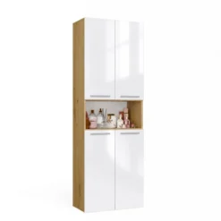 Armadio bagno 60x174 cm con vano aperto e cesti portabiancheria bianco lucido e rovere ABT4