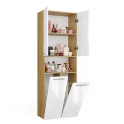 Armadio bagno 60x174 cm con vano aperto e cesti portabiancheria bianco lucido e rovere ABT4