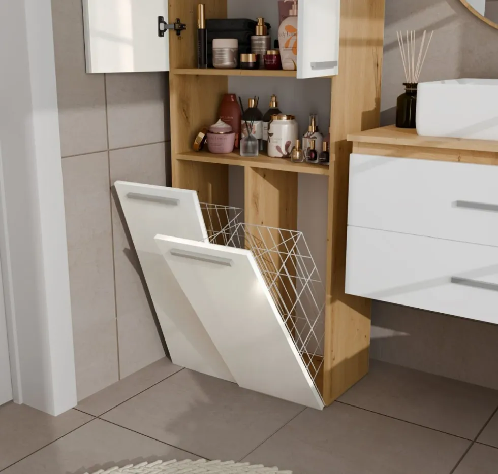 Armadio bagno 60x174 cm con vano aperto e cesti portabiancheria bianco lucido e rovere ABT4