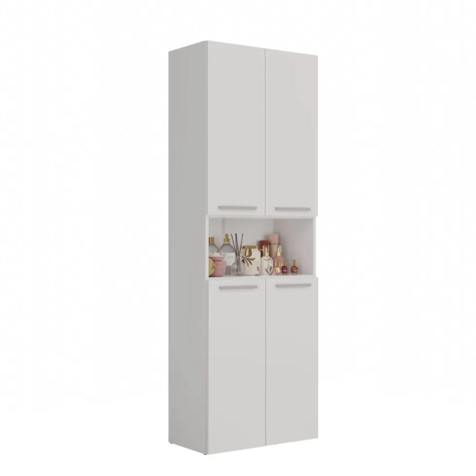 Armadio bagno 60x174 cm con vano aperto e cesti portabiancheria bianco opaco ABT4