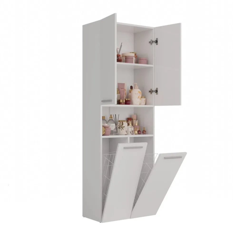 Armadio bagno 60x174 cm con vano aperto e cesti portabiancheria bianco opaco ABT4