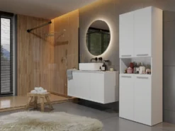 Armadio bagno 60x174 cm con vano aperto e cesti portabiancheria bianco opaco ABT4