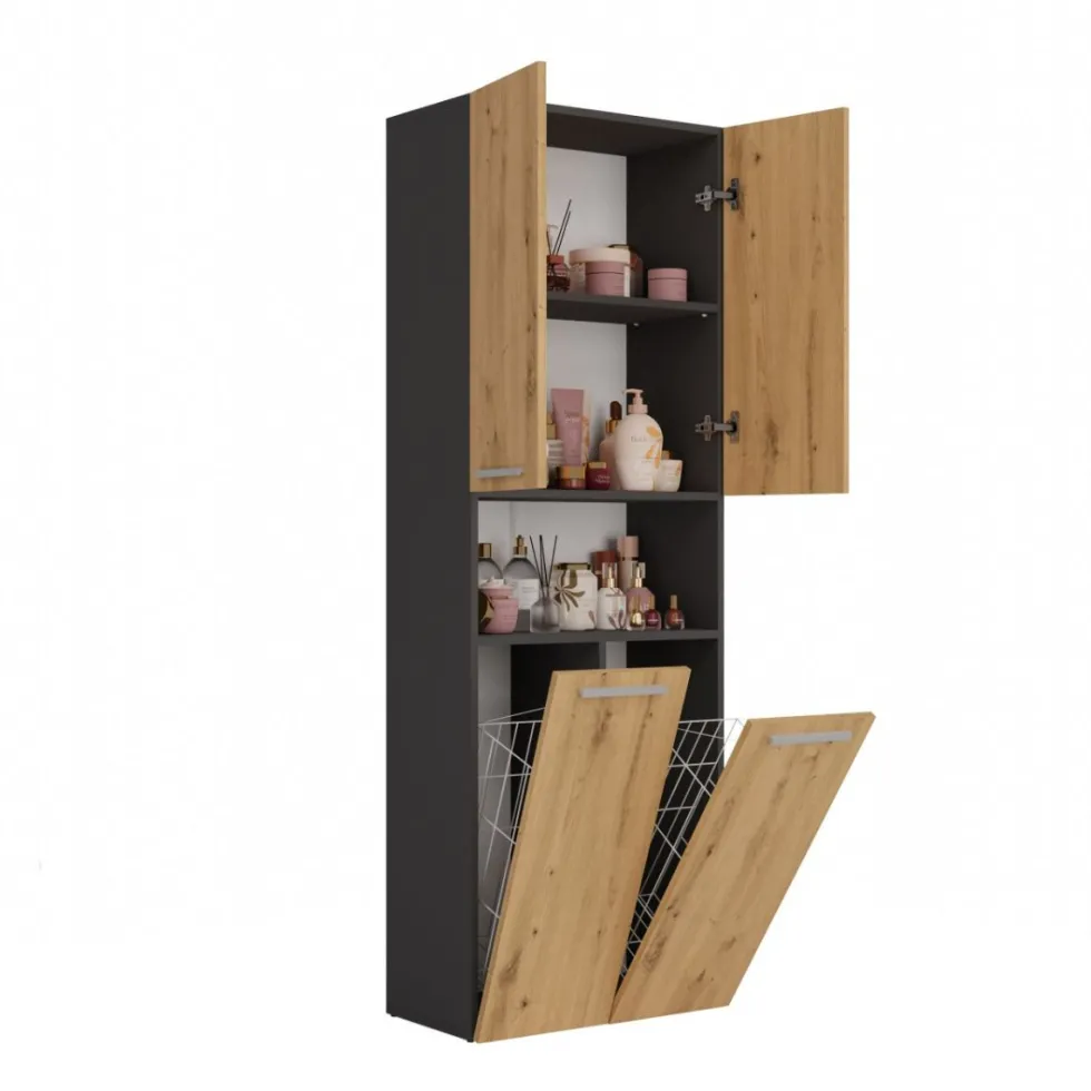 Armadio bagno 60x174 cm con vano aperto e cesti portabiancheria rovere e antracite ABT4