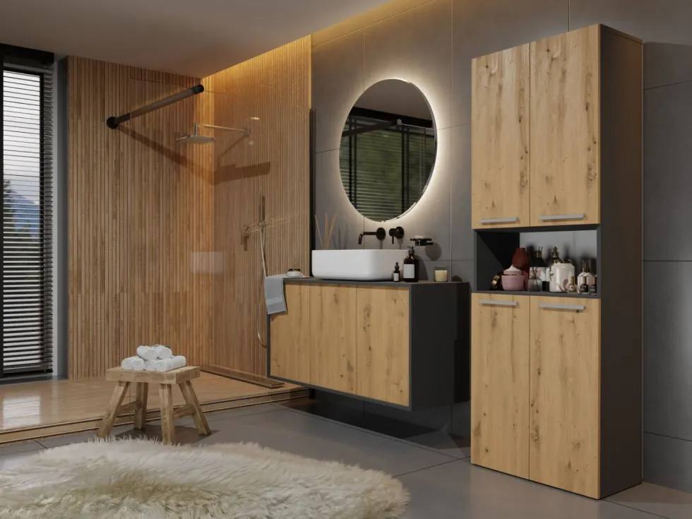 Armadio bagno 60x174 cm con vano aperto e cesti portabiancheria rovere e antracite ABT4