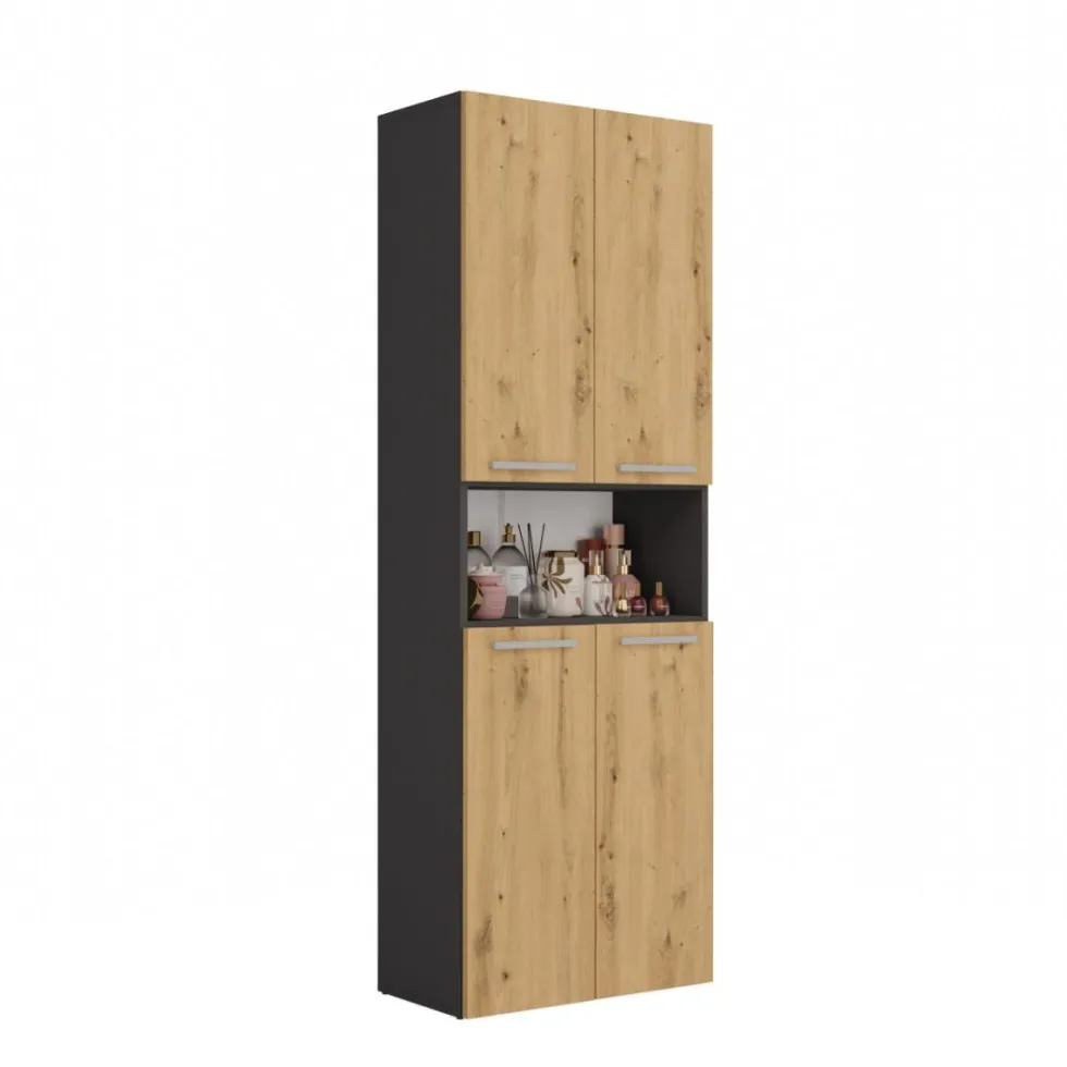 Armadio bagno 60x174 cm con vano aperto e cesti portabiancheria rovere e antracite ABT4