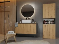 Armadio bagno 60x174 cm con vano aperto e cesti portabiancheria rovere e antracite ABT4
