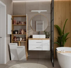Armadio bagno 60x174 cm con vano aperto e cesti portabiancheria bianco e rovere ABT4