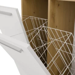 Armadio bagno 60x174 cm con vano aperto e cesti portabiancheria bianco e rovere ABT4