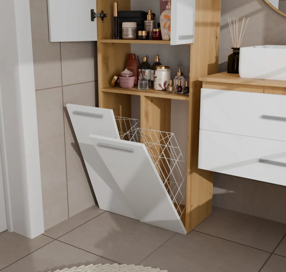 Armadio bagno 60x174 cm con vano aperto e cesti portabiancheria bianco e rovere ABT4