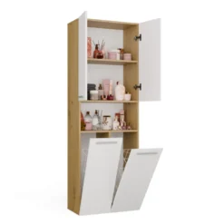 Armadio bagno 60x174 cm con vano aperto e cesti portabiancheria bianco e rovere ABT4