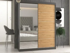 Armadio due ante scorrevoli 160x200 cm con specchio rovere e antracite AT23