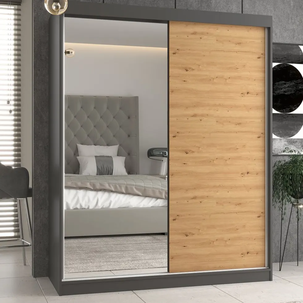 Armadio due ante scorrevoli 160x200 cm con specchio rovere e antracite AT23