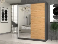 Armadio due ante scorrevoli 160x200 cm con specchio rovere e antracite AT23