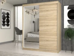 Armadio due ante scorrevoli 160x200 cm con specchio rovere chiaro AT23