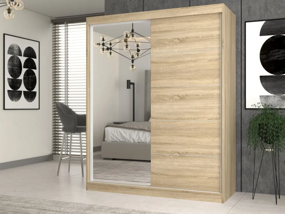 Armadio due ante scorrevoli 160x200 cm con specchio rovere chiaro AT23