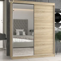 Armadio due ante scorrevoli 160x200 cm con specchio rovere chiaro AT23
