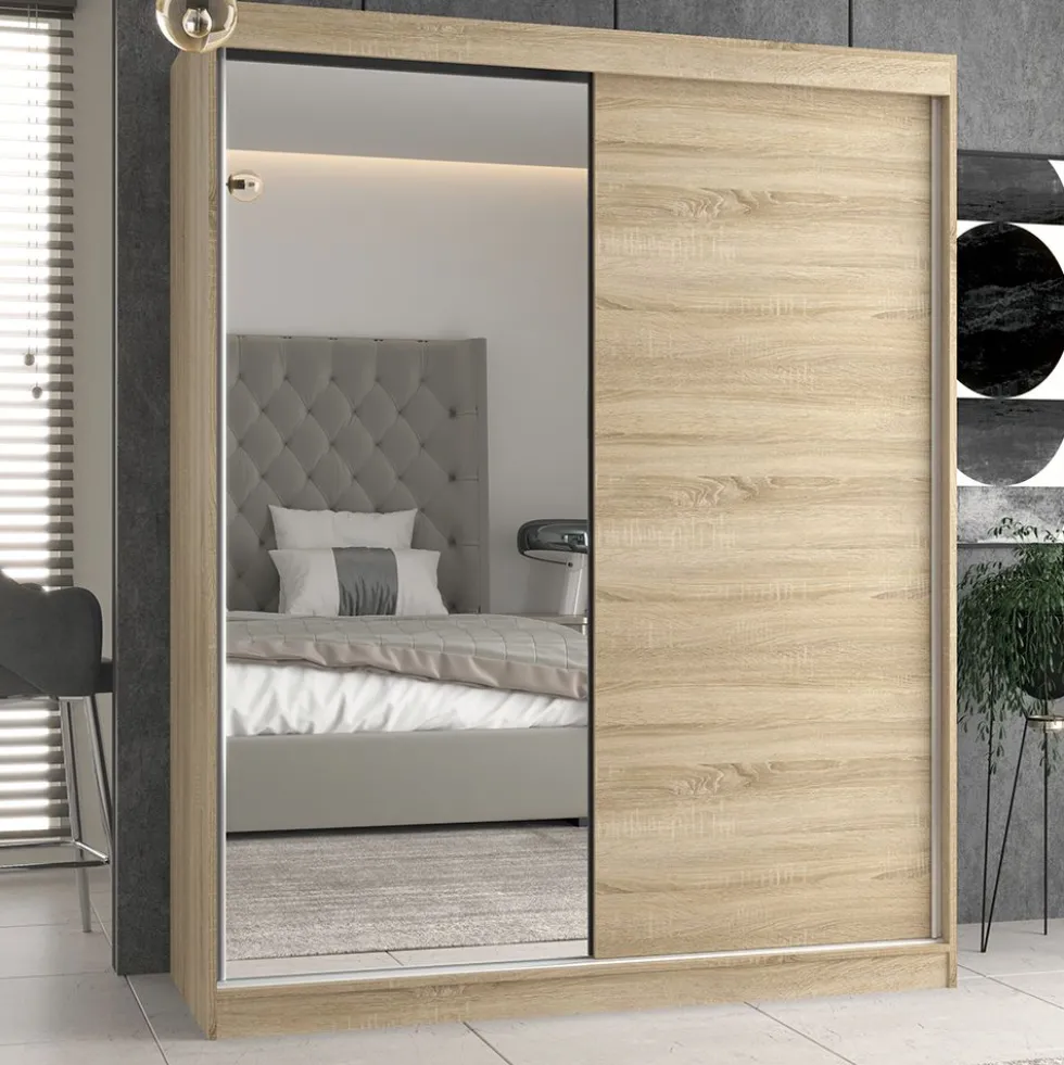 Armadio due ante scorrevoli 160x200 cm con specchio rovere chiaro AT23