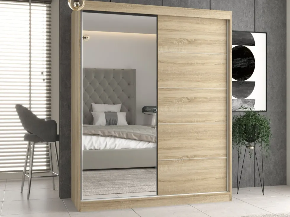 Armadio due ante scorrevoli 160x200 cm con specchio rovere chiaro AT23