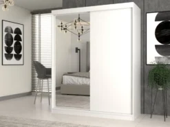 Armadio due ante scorrevoli 160x200 cm con specchio bianco AT23