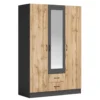 Armadio moderno a tre ante battenti e cassetti con specchio rovere e antracite 120x181 AG52