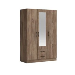 Armadio moderno a tre ante battenti con specchio e cassetti marrone 120x181 cm AG52
