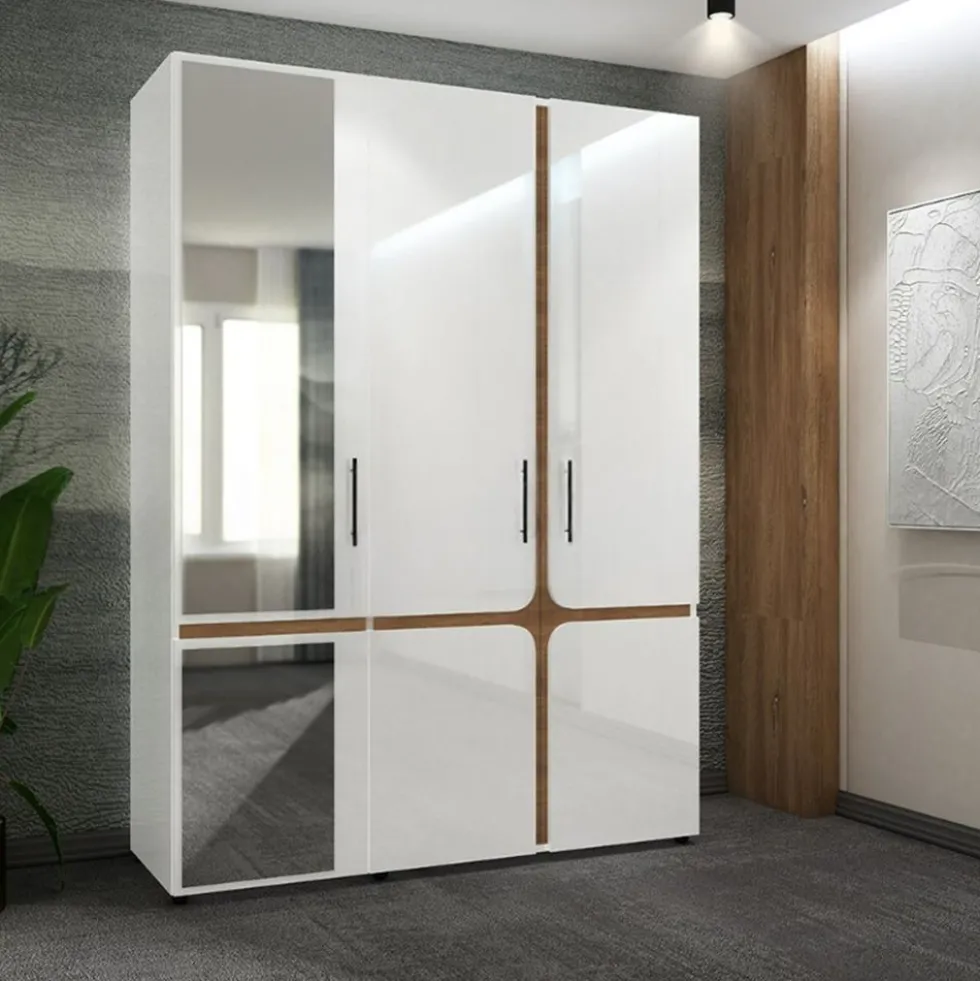 Armadio moderno con 3 ante battenti 150x200,5x52 cm in bianco lucido e noce AU48