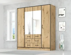 Armadio moderno con specchio e 2 cassetti 180x200 cm rovere chiaro e nero AG53