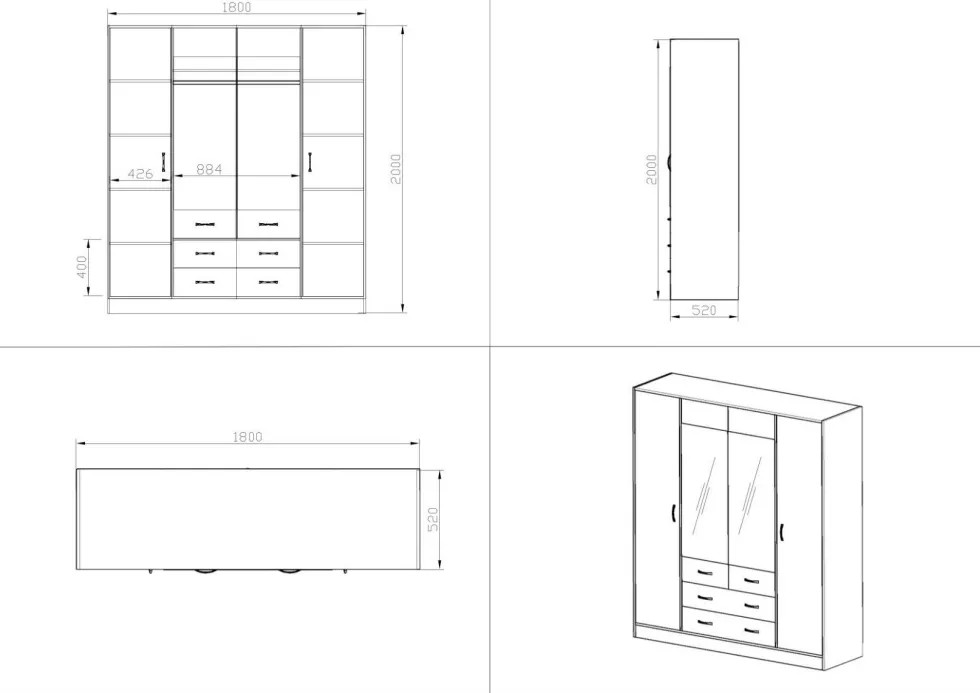 Armadio moderno con specchio e 2 cassetti 180x200 cm rovere chiaro e nero AG53