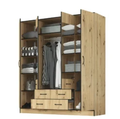 Armadio moderno con specchio e 2 cassetti 180x200 cm rovere chiaro e nero AG53